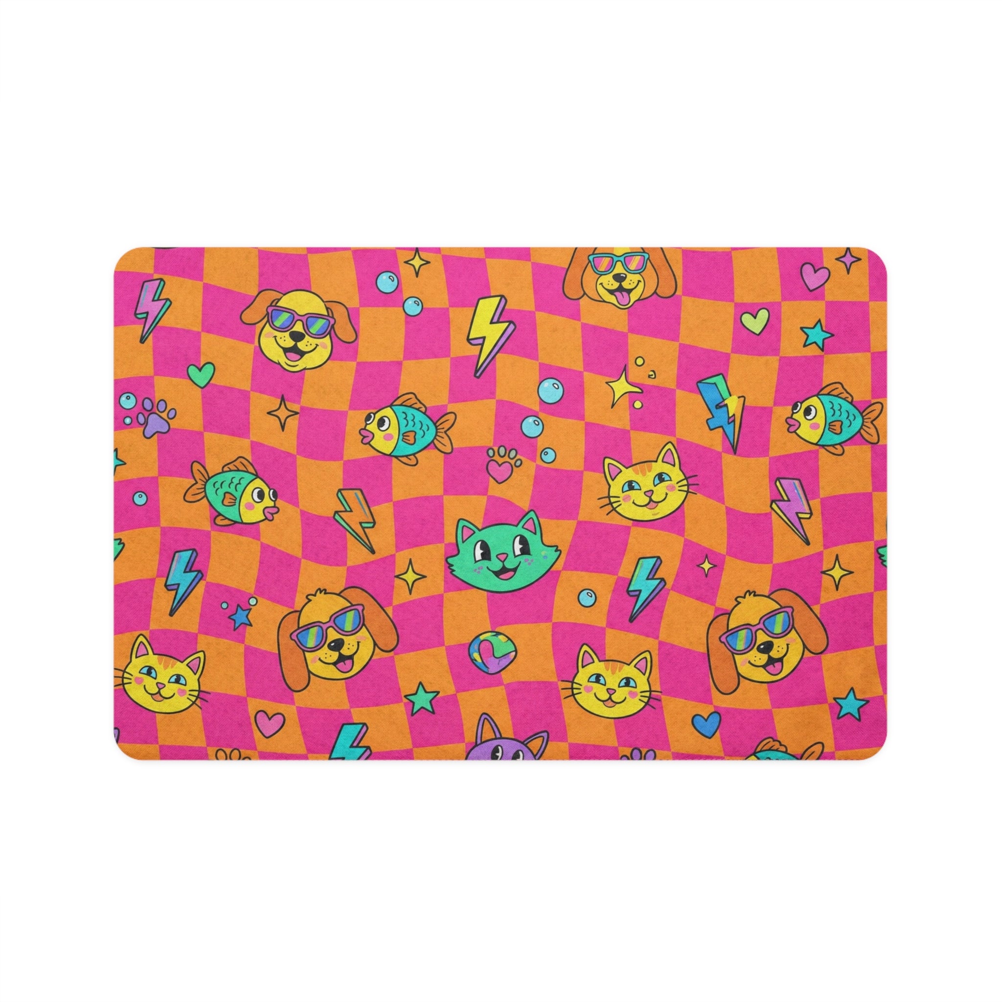Colorful Pet Food Mat – Neon Cats, Dogs & Fish