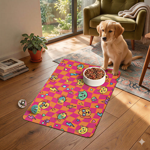 Colorful Pet Food Mat – Neon Cats, Dogs & Fish