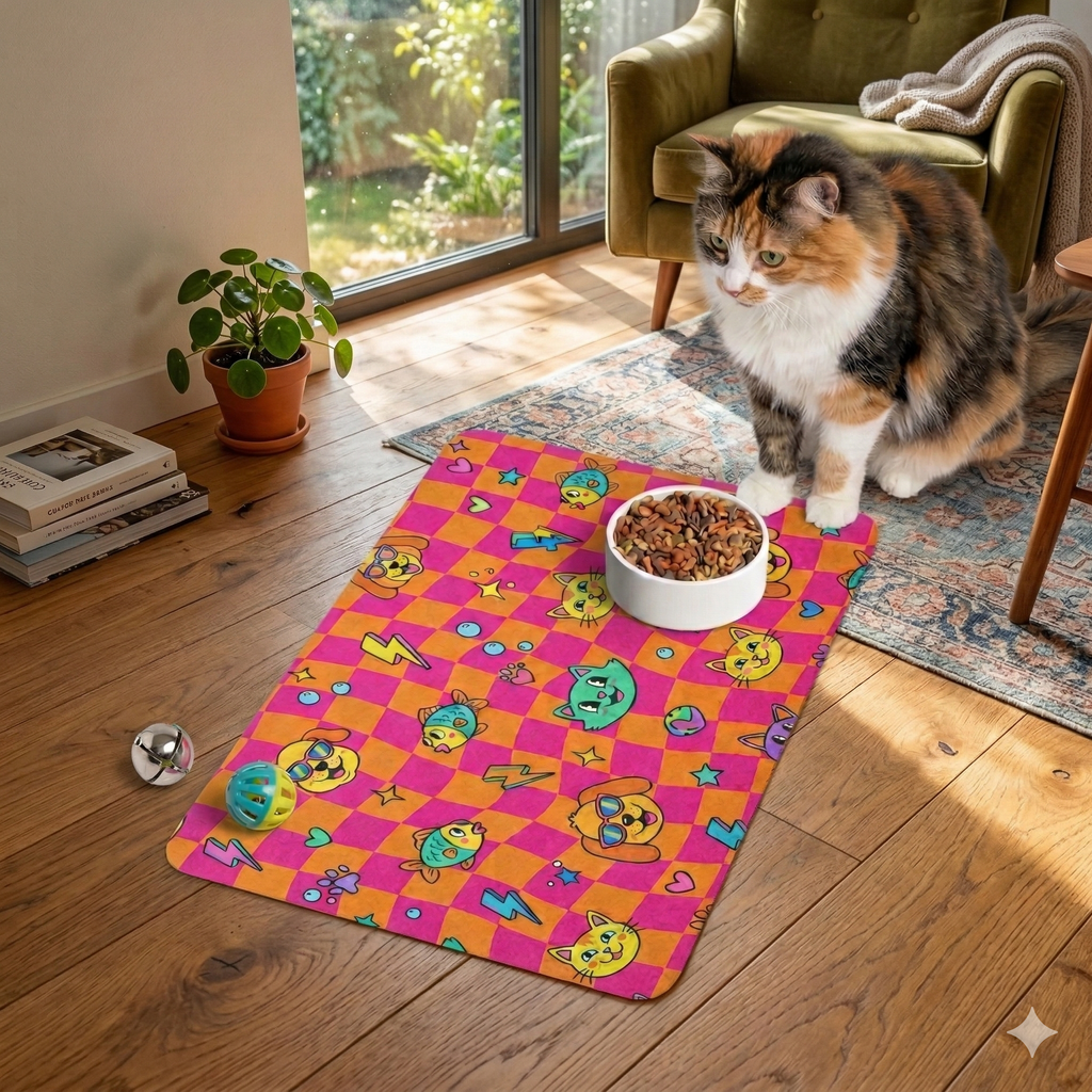 Colorful Pet Food Mat – Neon Cats, Dogs & Fish