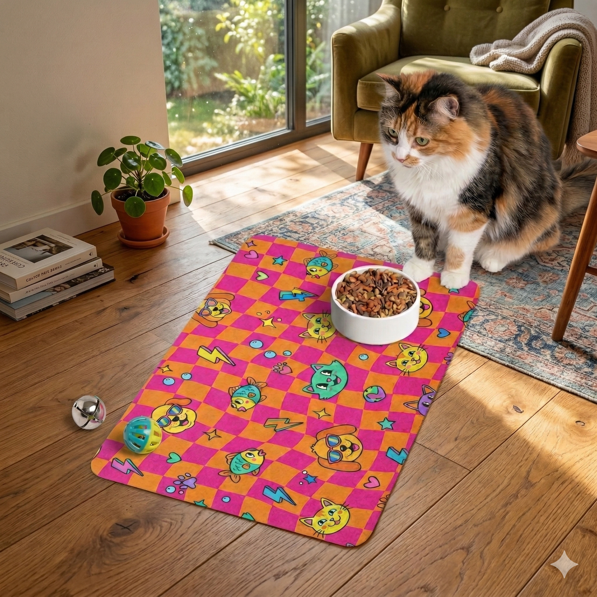 Colorful Pet Food Mat – Neon Cats, Dogs & Fish