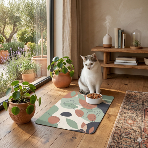 Abstract Botanical Pet Food Mat — Dog & Cat Feeding Placemat